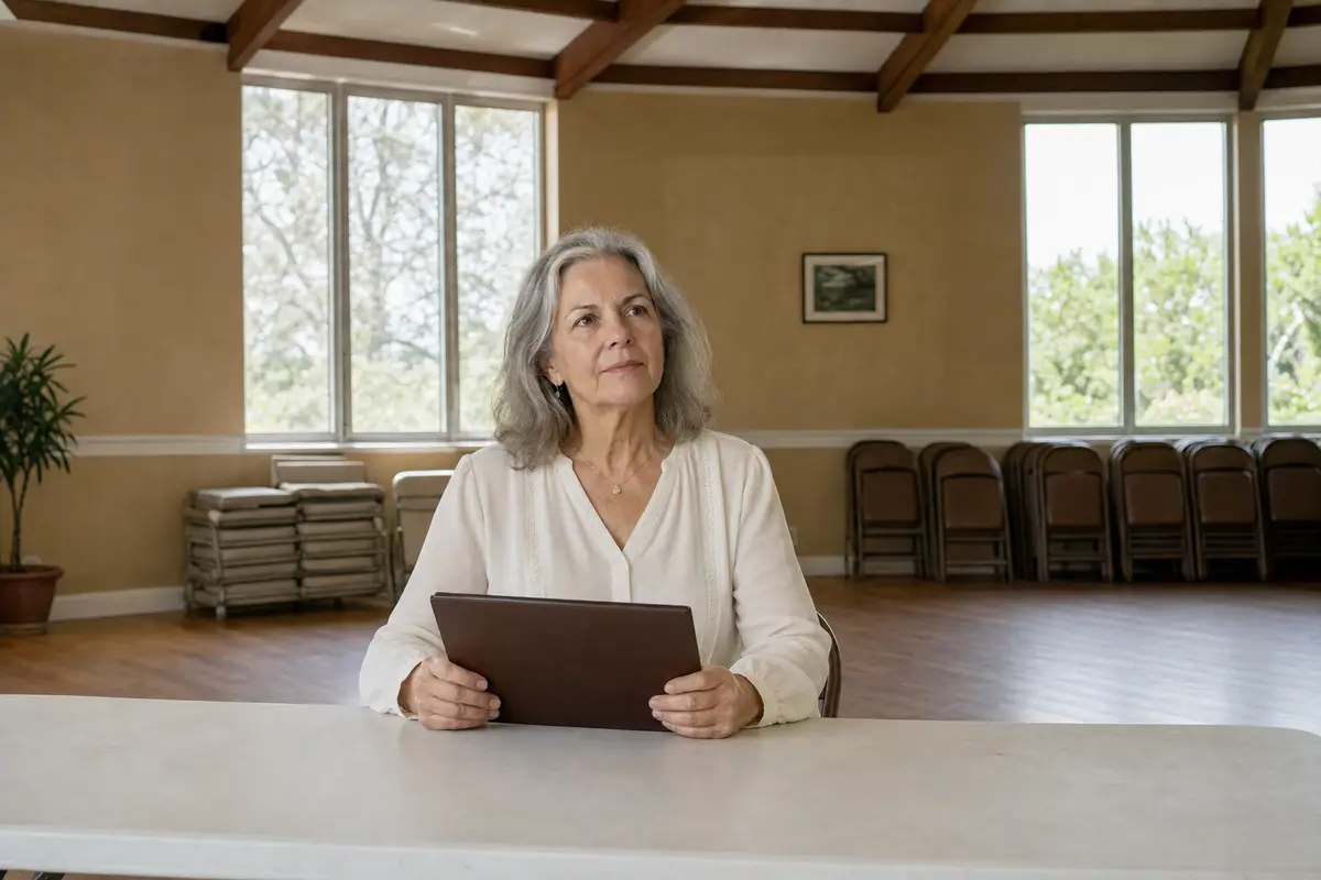 A woman with grey hair in a cream blouse sits at a folding table in a community hall, holding a closed brown folder and looking up calmly.
