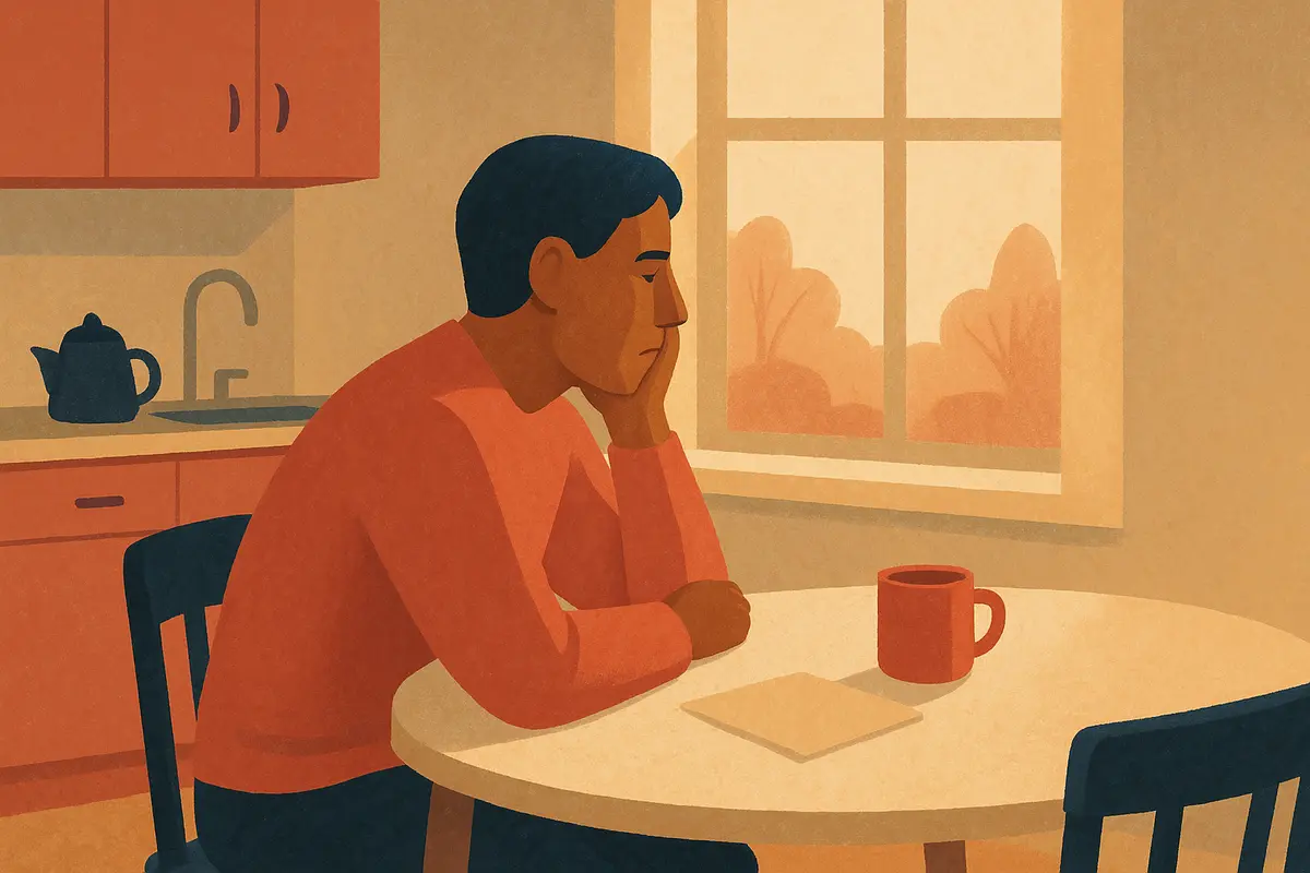 An adult sitting alone at a kitchen table, looking out a window with a thoughtful and heavy expression, suggesting quiet emotional weight after a difficult family interaction. — toxic family members