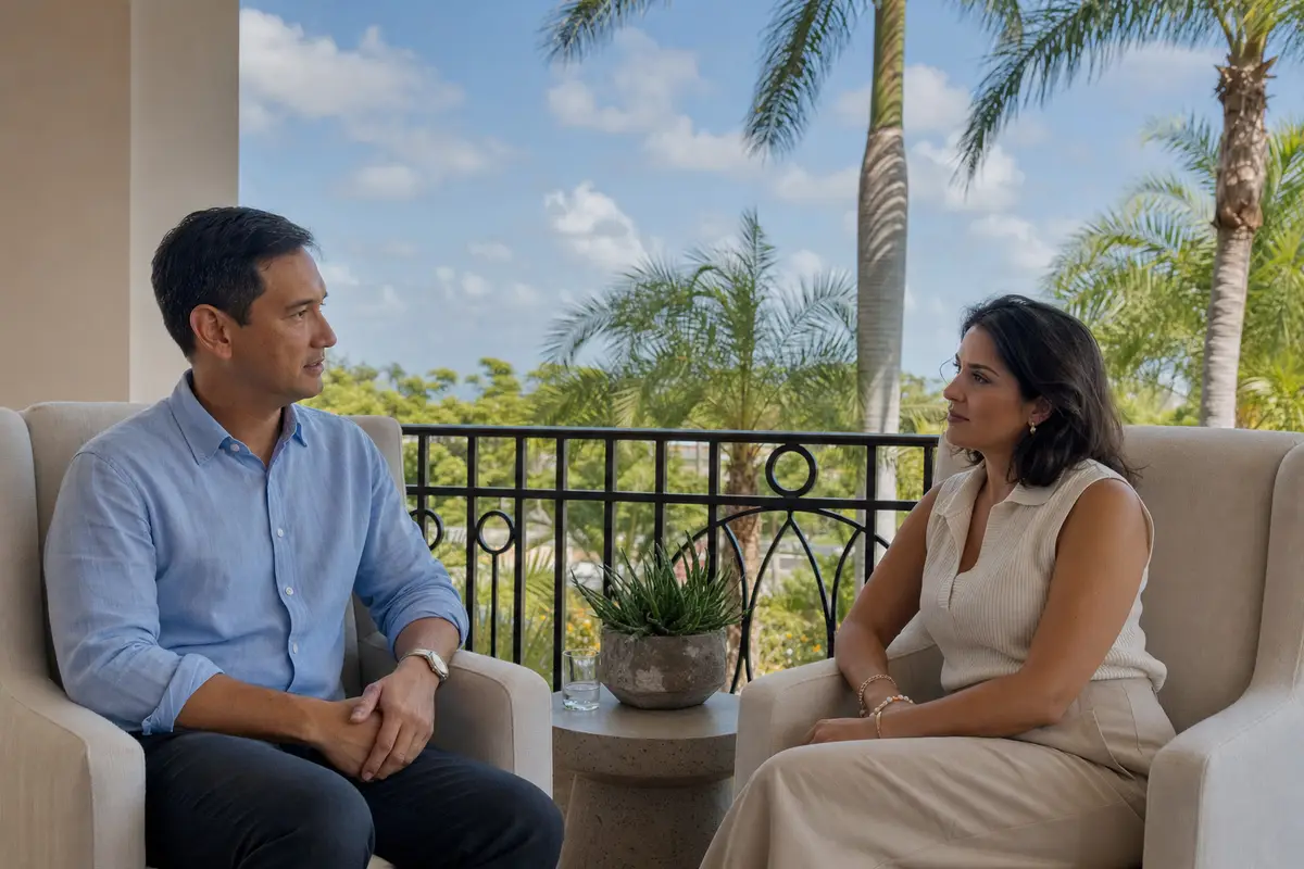 A man and a woman seated in cream armchairs on a sunny balcony, talking, with palm trees and a blue sky behind them
