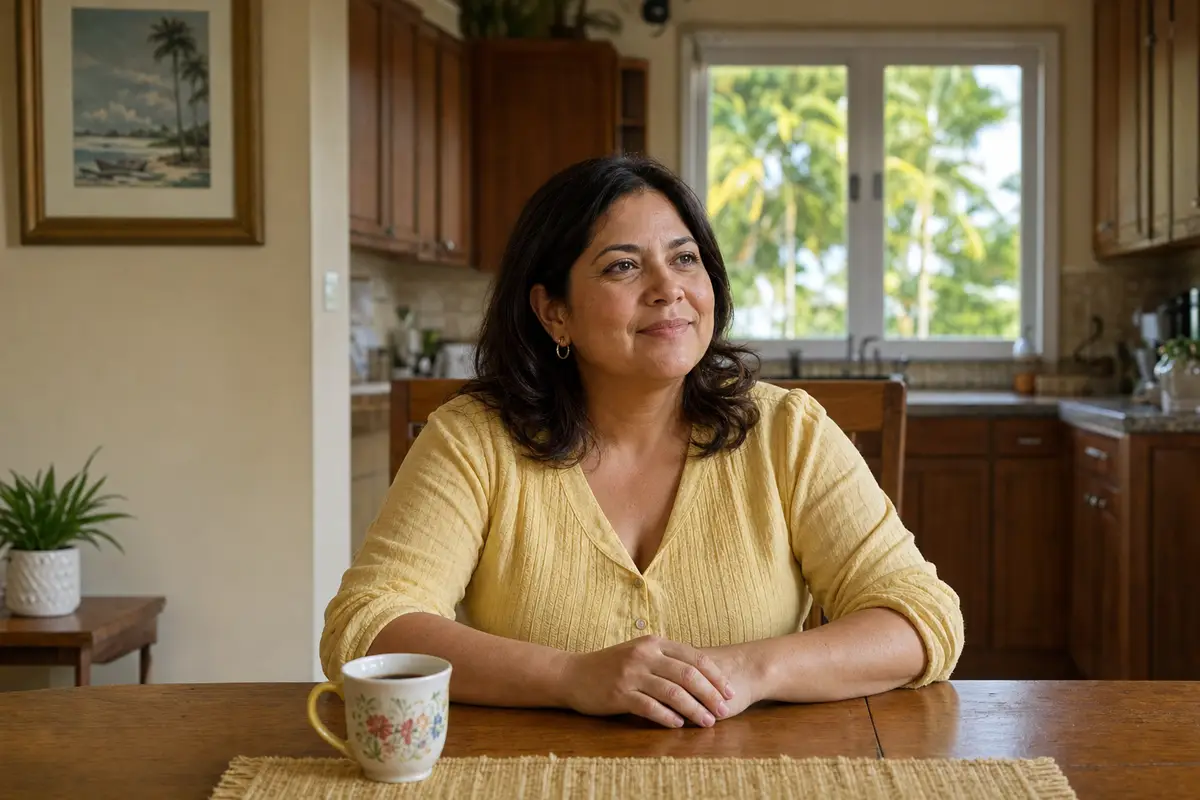 Mujer adulta sentada a la mesa de la cocina con una taza de café, sonriendo con calma