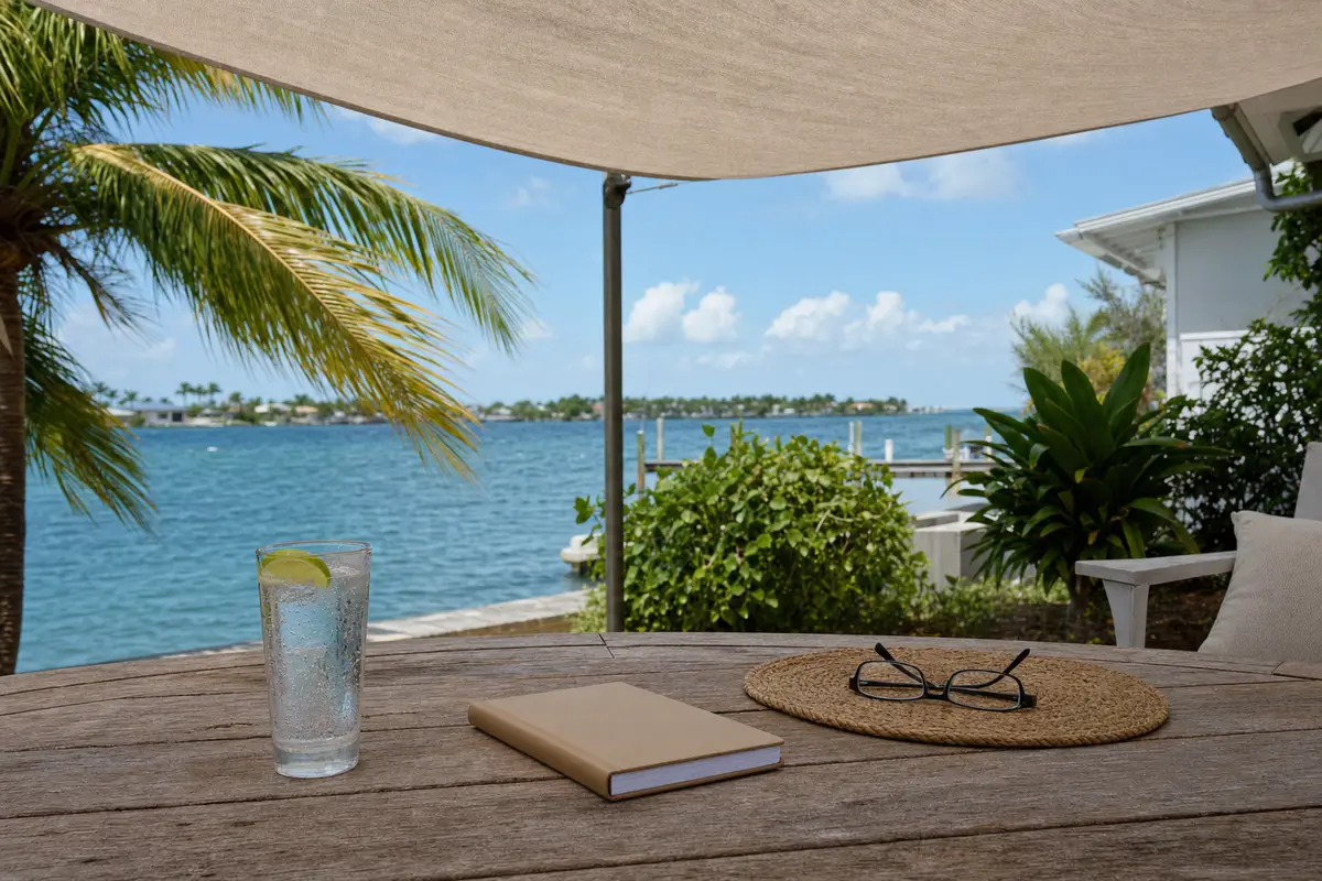 A glass of water, a notebook and reading glasses sit on a round table on a patio overlooking a bay with palm trees. No people are present.