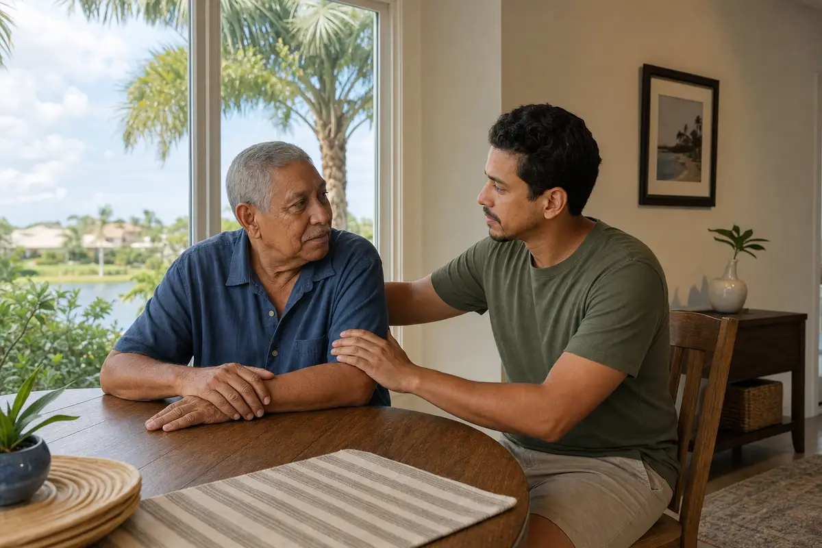 An older man seated at a dining table while a younger man rests a hand on his arm, in a window-lit room