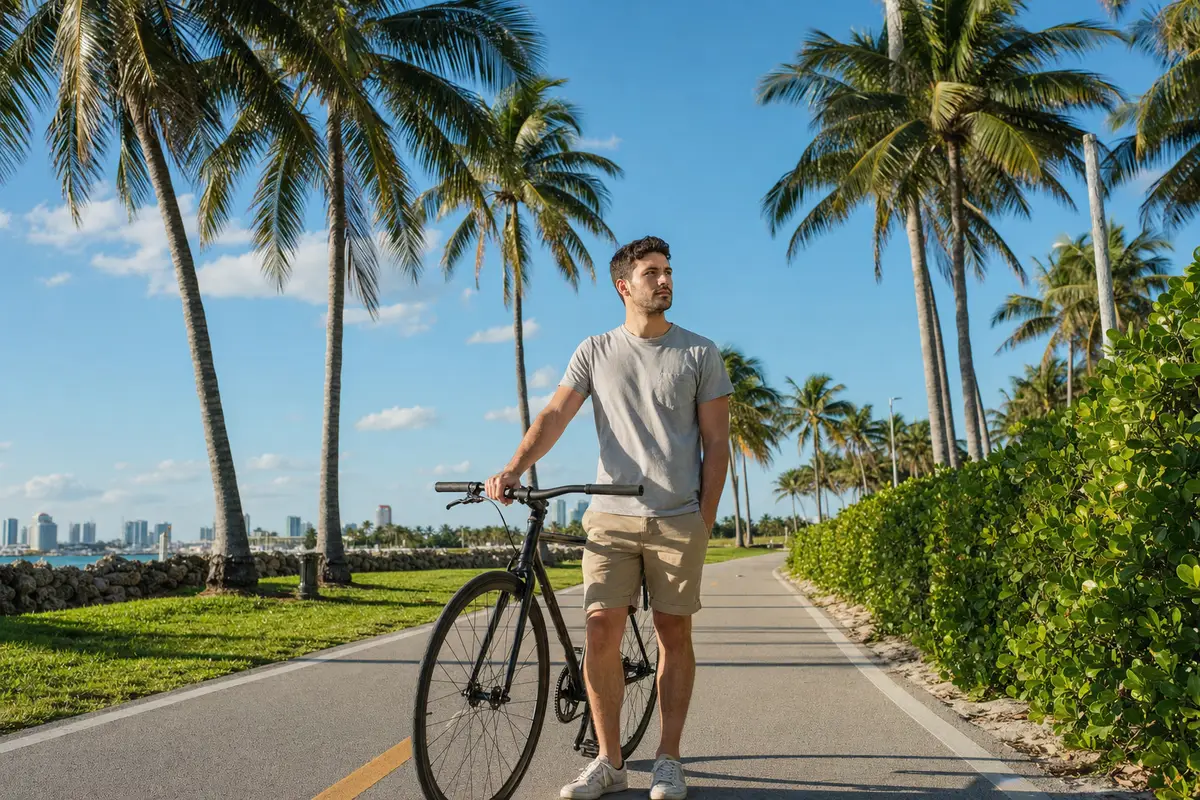 A man in a light-grey T-shirt and khaki shorts stands beside a bicycle on a palm-lined bike path, looking ahead thoughtfully.
