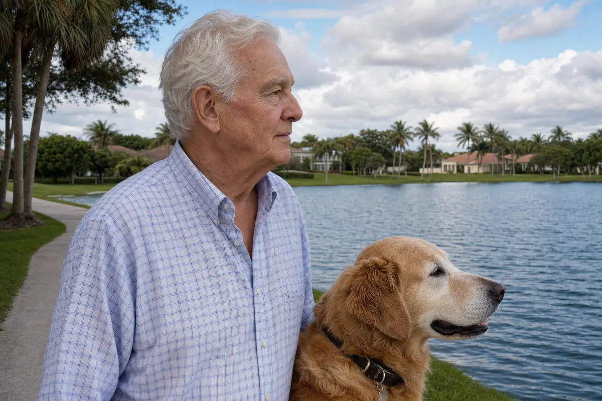 An older man in a checked shirt stands beside a golden retriever on a path by a lake, looking out over the water.