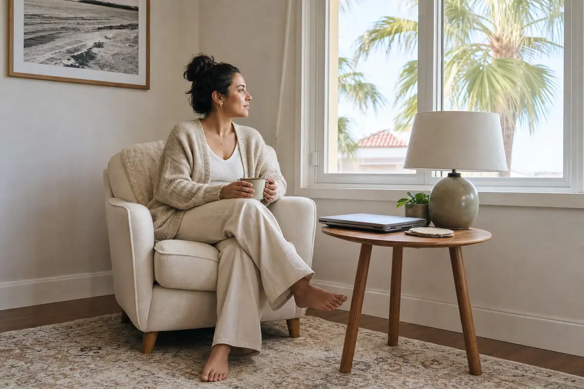 A woman in a cream armchair by a bright window, holding a mug and looking out, with a laptop on a side table