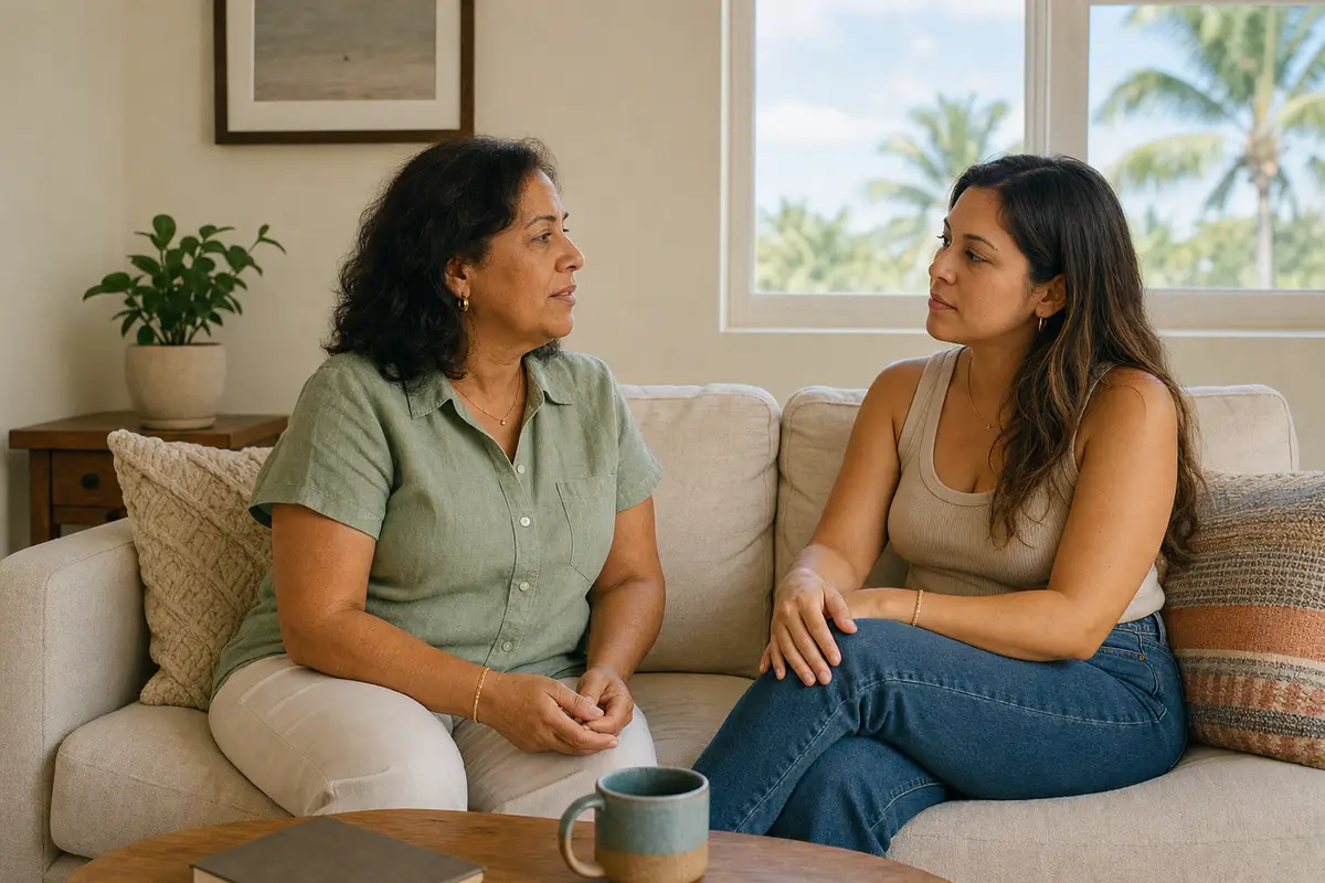 Two women sitting on a sofa in a bright living room, talking to each other