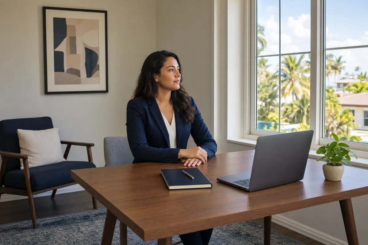 A woman in a navy blazer sits at a wooden desk by a bright window, with a closed notebook and a pen in front of her and a laptop turned away from the camera.