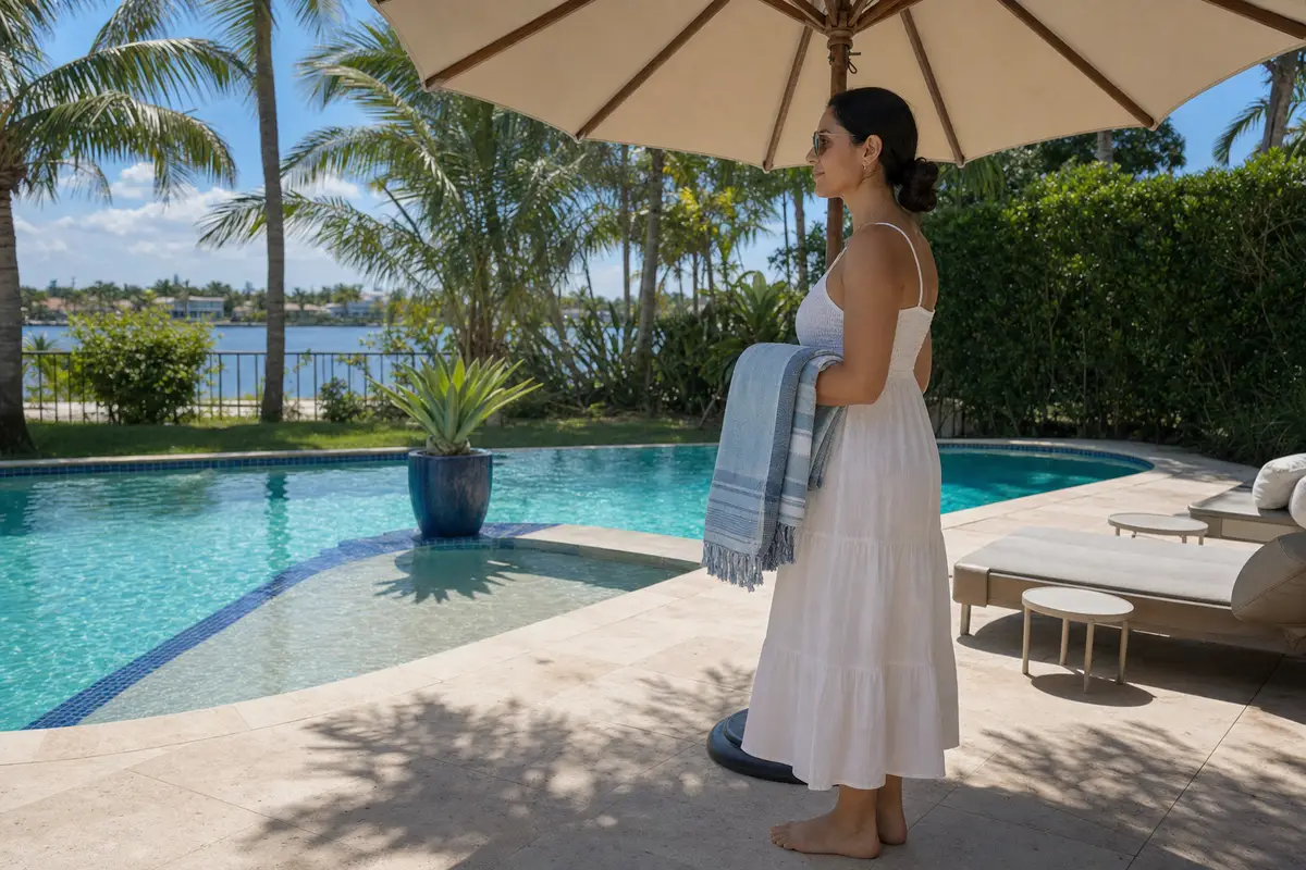A woman in a white dress stands by a swimming pool under a large umbrella, holding a light blue wrap.
