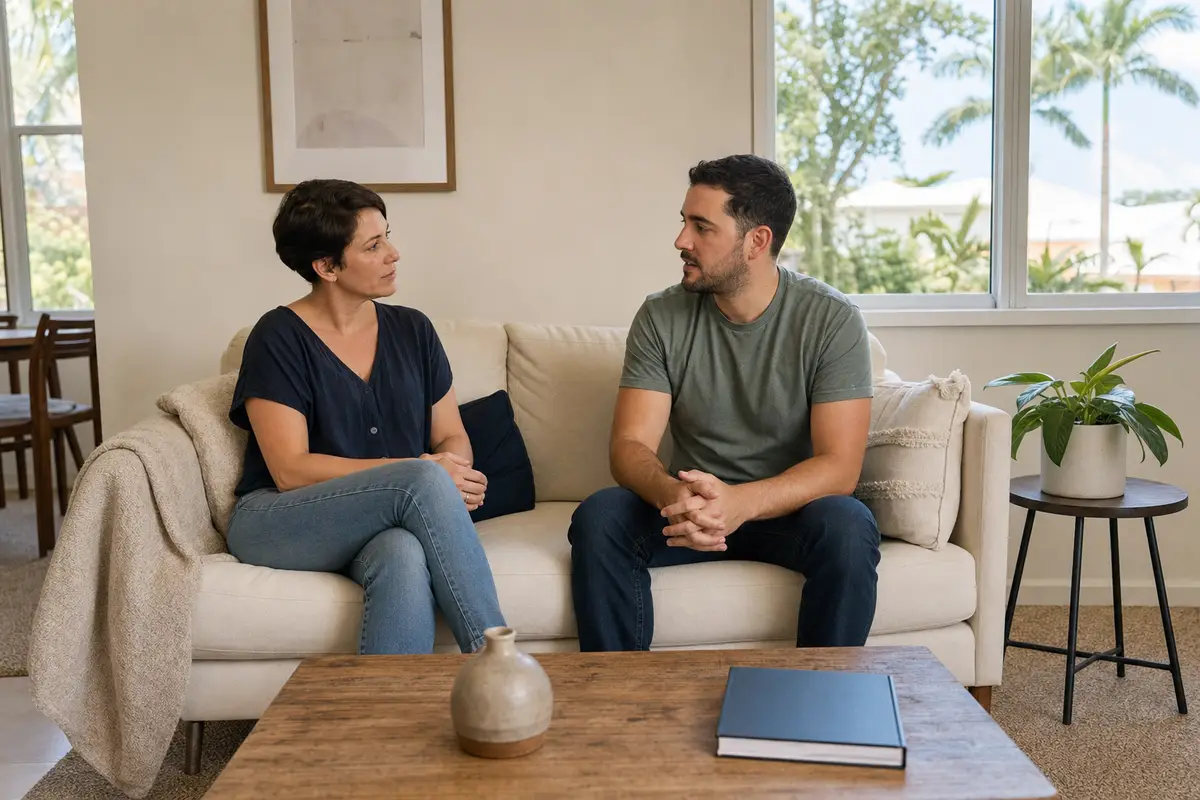 Two adults sitting on a cream sofa in a bright room, facing each other in conversation