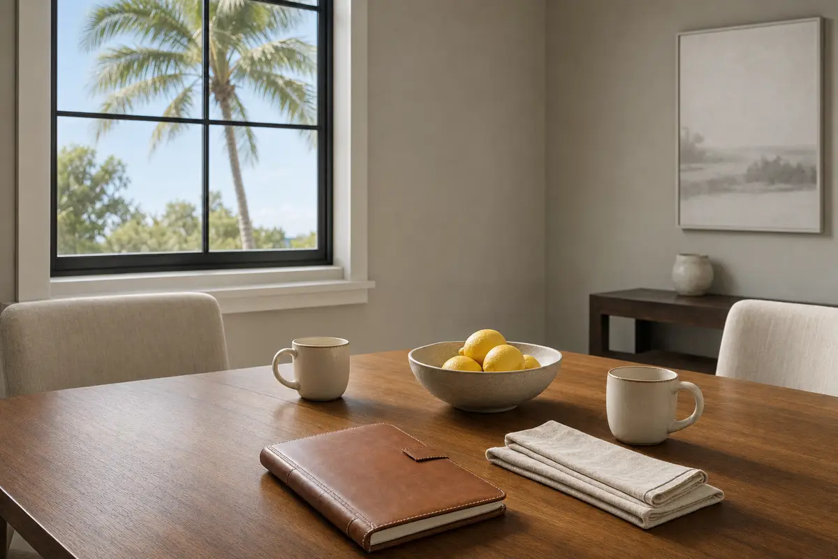 A wooden dining table with a bowl of lemons, two mugs and a closed notebook beside a window. No people are present.