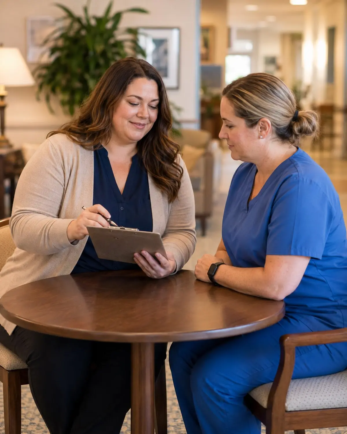 Therapist coordinating care with nursing staff at assisted living facility