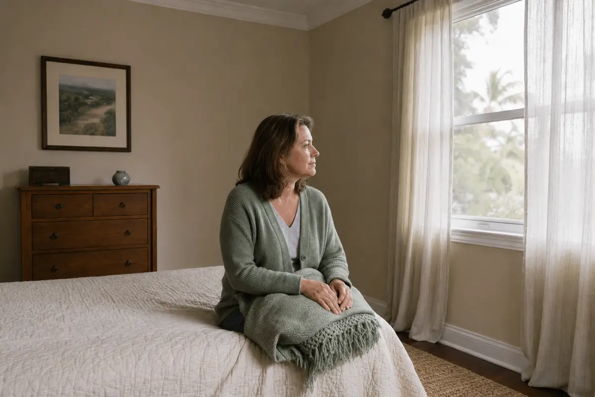 A woman in a soft green cardigan sits on the edge of a made bed with a folded throw in her lap, looking toward a sunlit window.