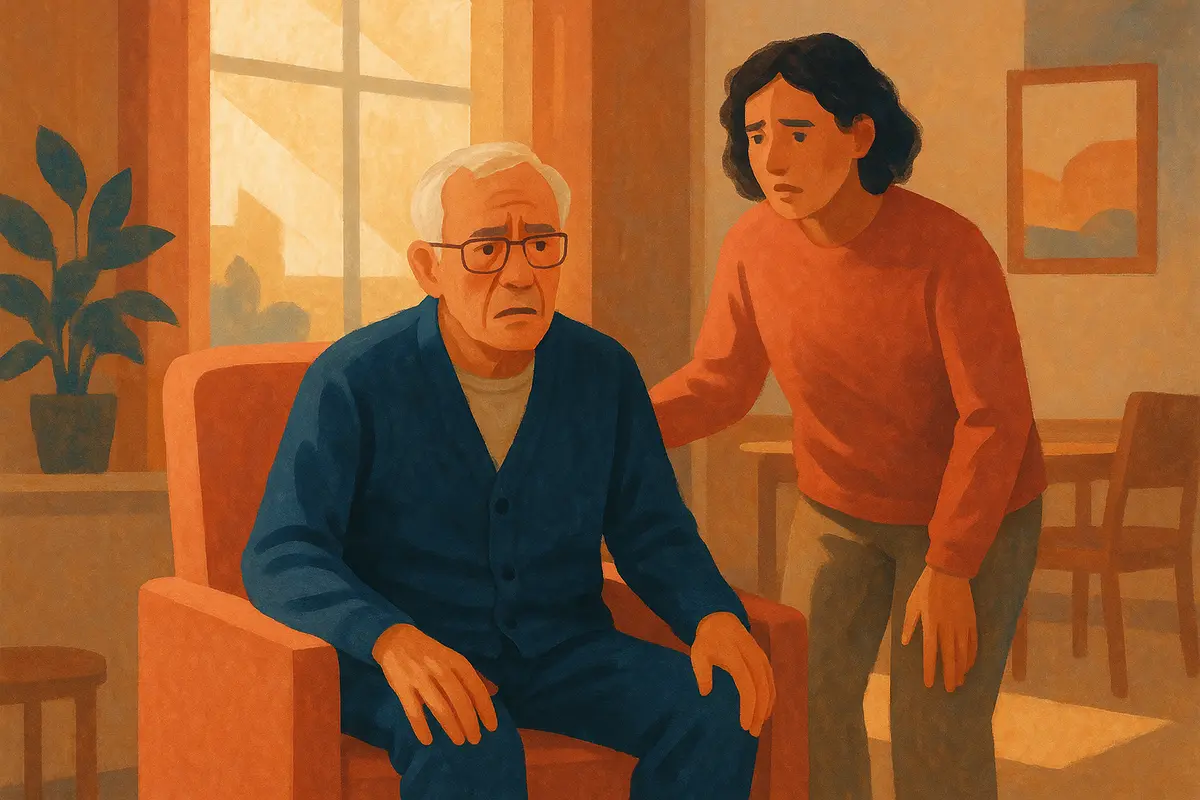 An older adult sitting by a window with a concerned family member nearby, conveying quiet worry and connection in a warm assisted living setting. — mental symptoms uti elderly