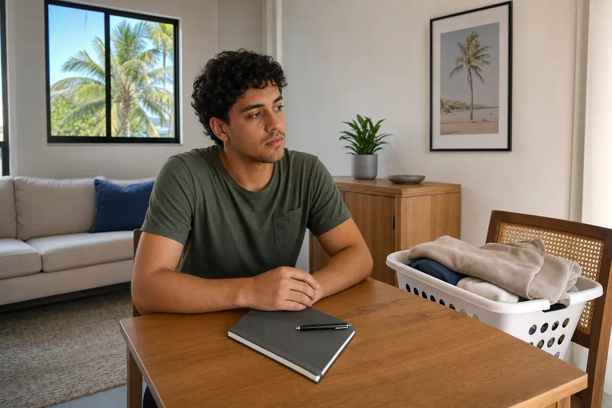 adhd paralysis — A young man sits at a wooden table with a closed notebook and a pen in front of him, resting his hands on the table and looking off thoughtfully; a folded laundry basket sits on a chair beside him.
