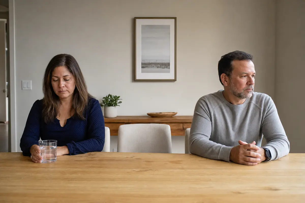 A woman and a man seated apart at a wooden kitchen table with an empty chair between them, both calm and looking away from each other