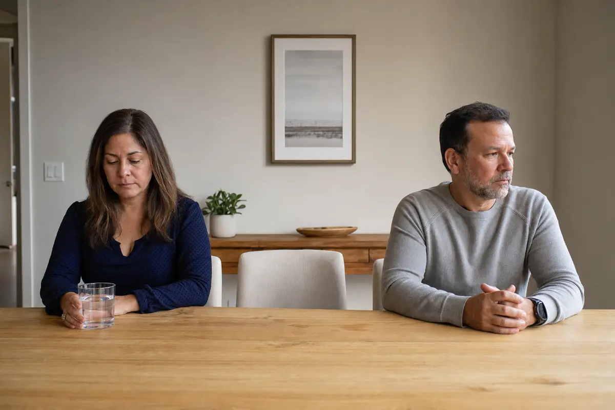 A woman and a man seated apart at a wooden kitchen table with an empty chair between them, both calm and looking away from each other