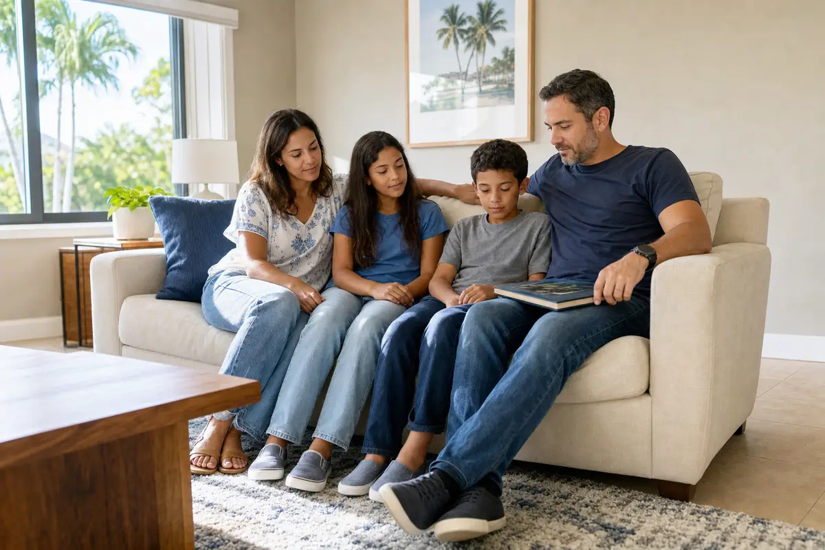 A family of four sitting close together on a cream sofa in a bright living room
