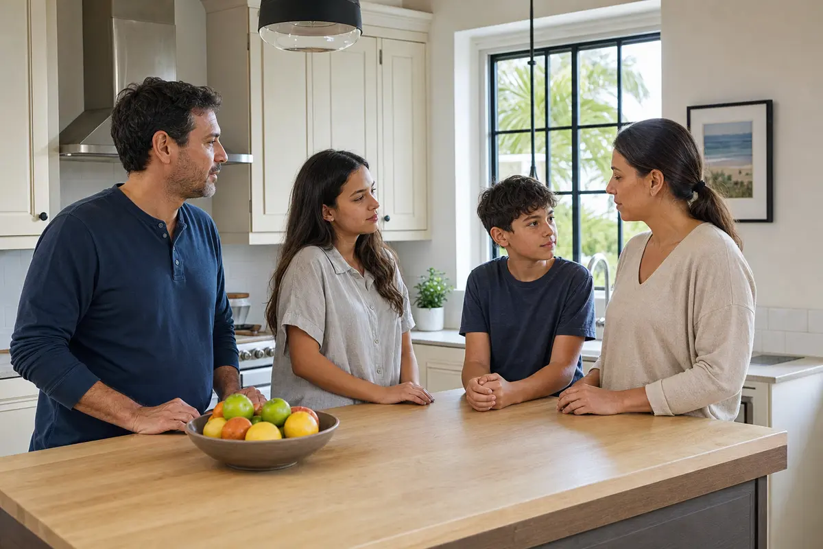 A family of four talks calmly across a light wooden kitchen island in a bright kitchen
