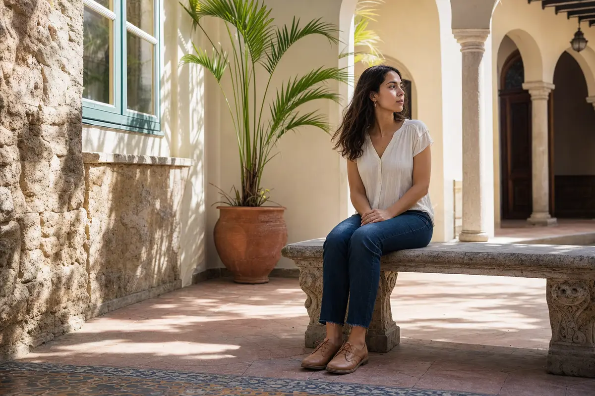 A young woman sitting on a stone bench in a sunlit courtyard with arches and a potted palm, looking away thoughtfully.