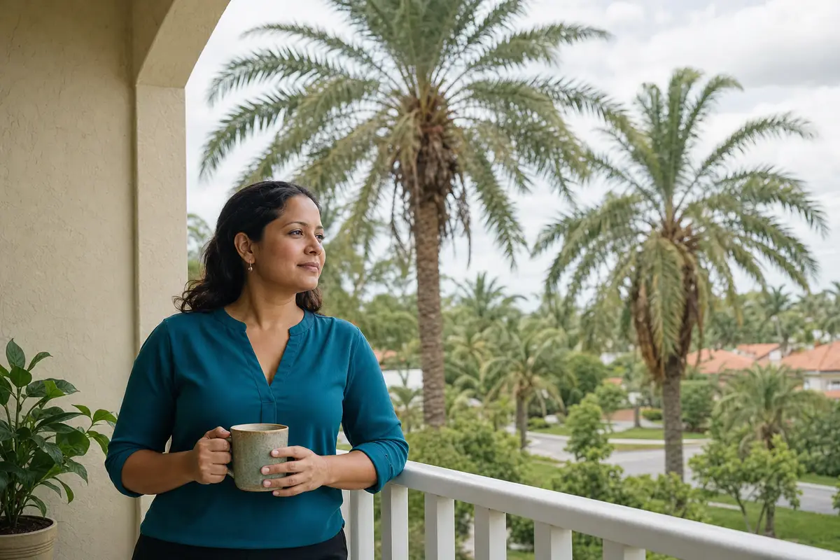 A woman in a teal blouse stands on a shaded balcony beside a white railing, holding a ceramic mug in both hands and looking out toward tall palm trees.