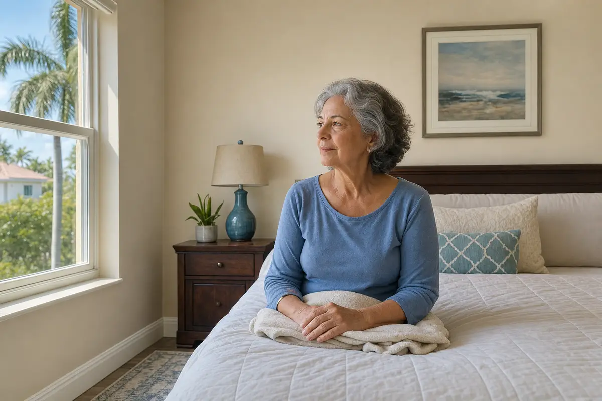 does medicare cover therapy for anxiety — An older woman sits on the edge of a made bed in a bright bedroom with a folded blanket on her lap, looking calmly toward a window.