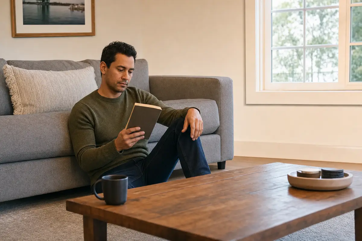 A man in an olive sweater sits on the floor with his back against a grey sofa, reading a paperback with one knee raised, a wooden coffee table and a dark mug in the foreground.