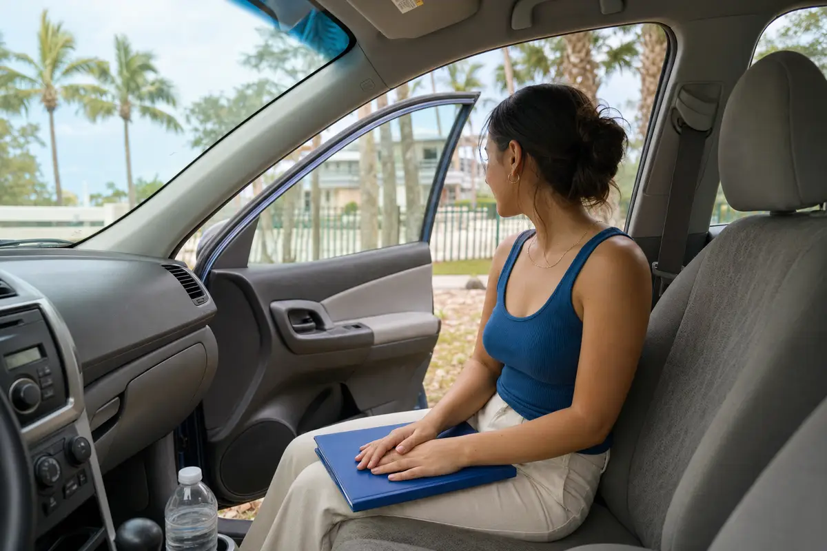 A woman in a blue top sits in the open passenger seat of a parked car with a closed blue folder on her lap, looking toward the open door.
