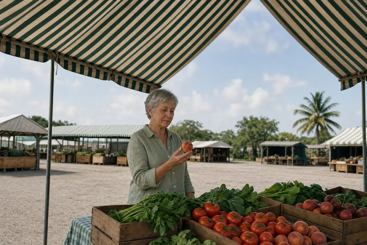 An older woman with short grey hair in a sage-green linen shirt holds a ripe peach at a farmers market stall under a striped awning.