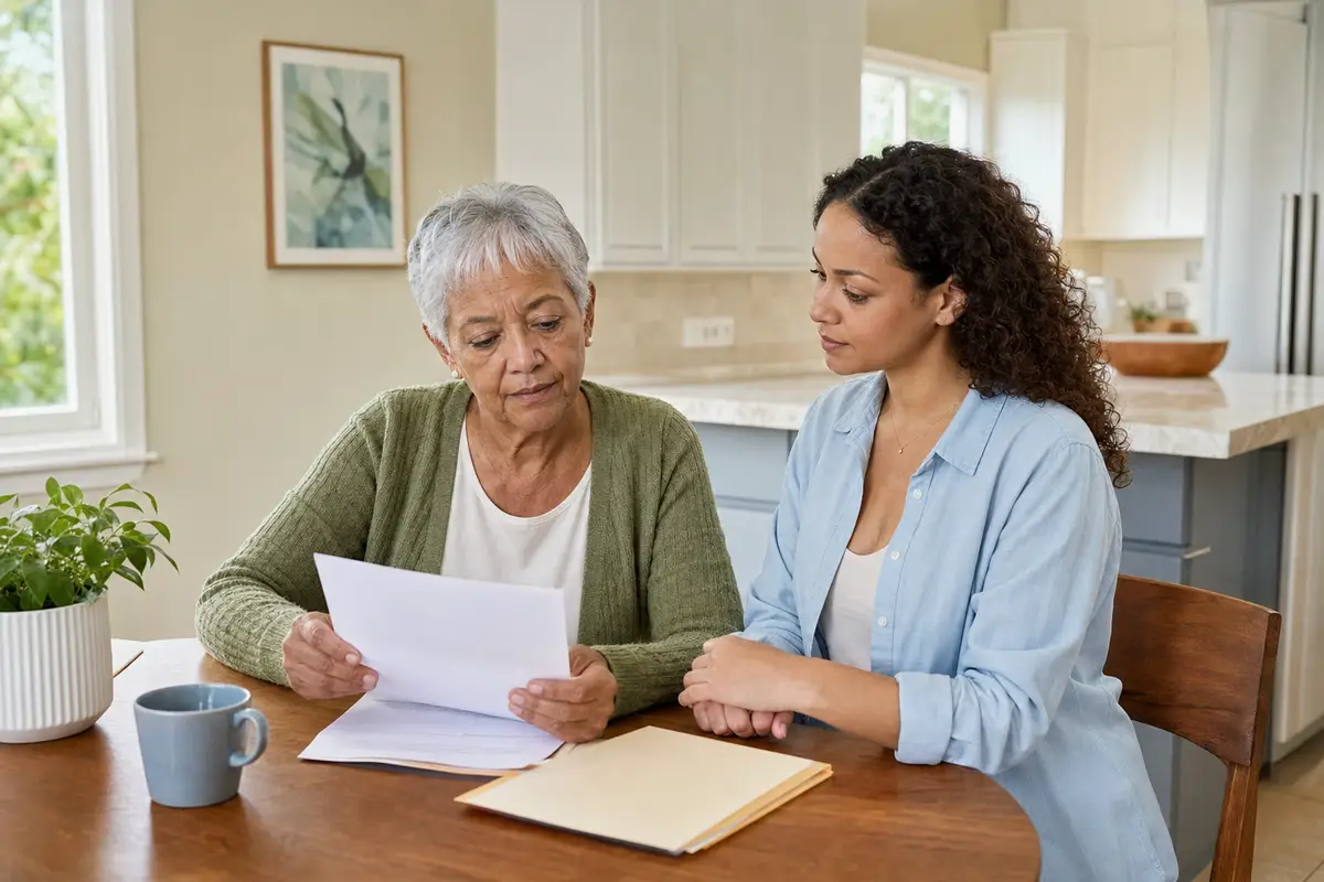 does medicare cover mental health — An older adult reviewing Medicare paperwork at a kitchen table with a calm, supportive caregiver nearby, conveying clarity around mental health coverage.