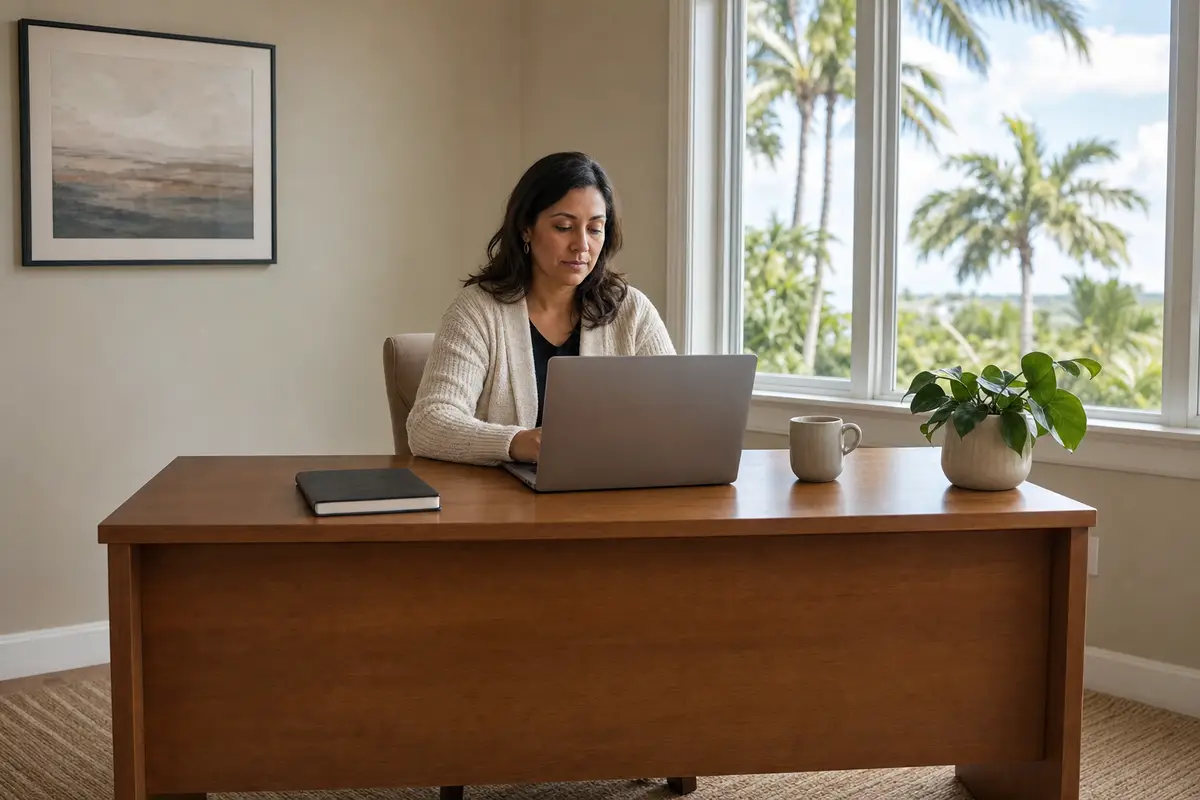 A woman in a cream cardigan working at a laptop at a wooden desk by a bright window, the laptop screen turned away from the camera