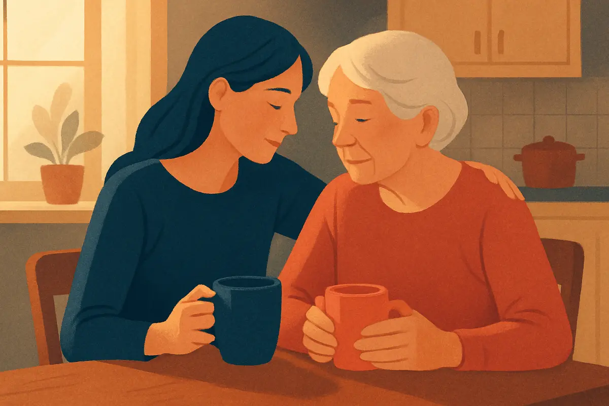 An adult daughter sitting beside her elderly mother at a kitchen table, both holding mugs, in a warm and quiet domestic setting that conveys care, closeness, and the emotional weight of the caregiving relationship. — caring for an elderly parent