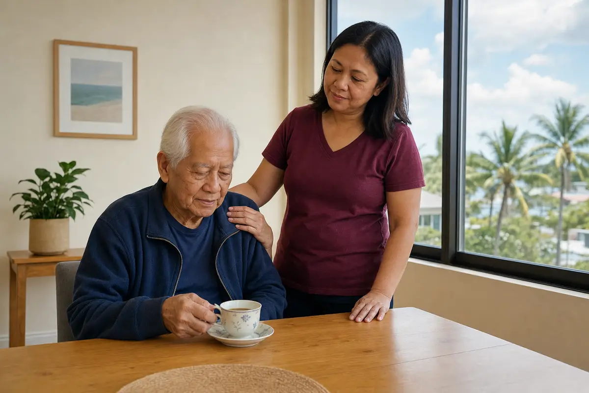 sundowning — An older man in a navy zip-front jacket sits at a wooden table holding a cup of tea while a woman in a maroon top stands beside him with her hand on his shoulder, near a window with palm trees outside.