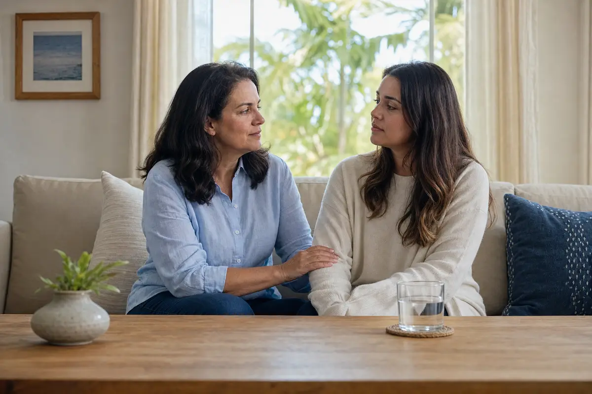 Two women seated together on a sofa in a bright living room, one with her hand resting gently on the other's arm, both talking calmly