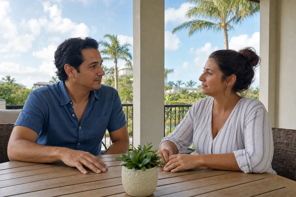 A man and a woman seated across a round wooden table on a covered patio with palm trees beyond, talking calmly with their hands resting on the table