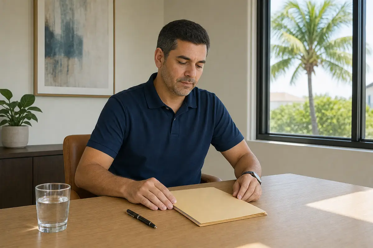 A man in a navy polo at a wooden desk reviewing a closed folder, with a glass of water and a pen beside him