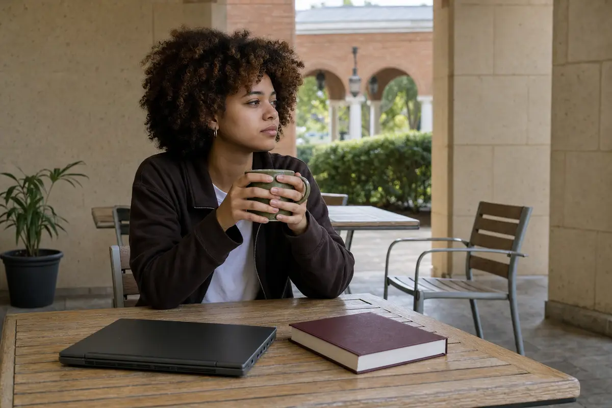 academic burnout — A young woman with curly hair sits at a patio table with a laptop, a closed book and a mug, looking out thoughtfully.