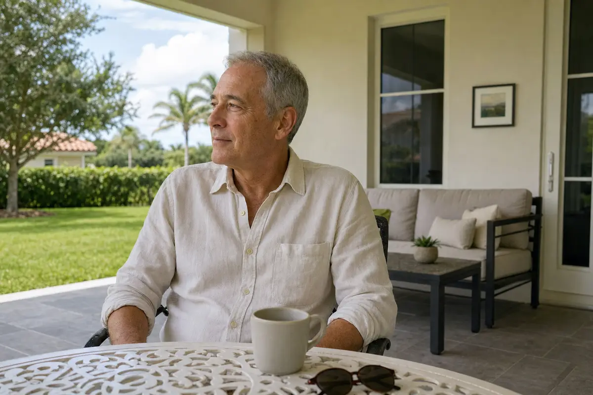 An older man sits on a shaded patio sofa beside a coffee table with a mug, looking out toward a sunny lawn and palm trees.