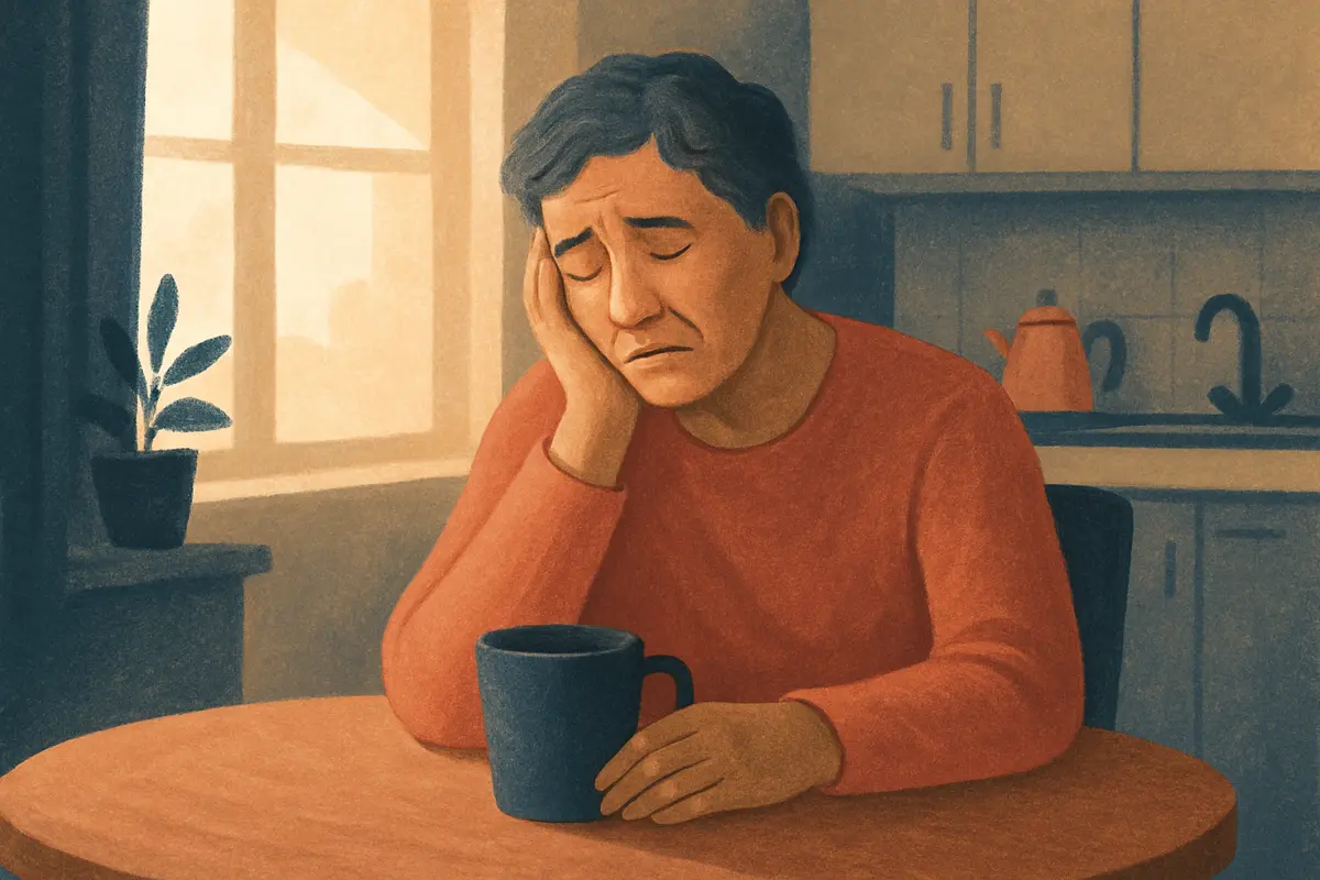 A middle-aged adult sitting quietly at a kitchen table with a cup of coffee, looking tired but reflective, soft natural light, conveying the emotional weight of long-term caregiving. — stages of caregiver burnout