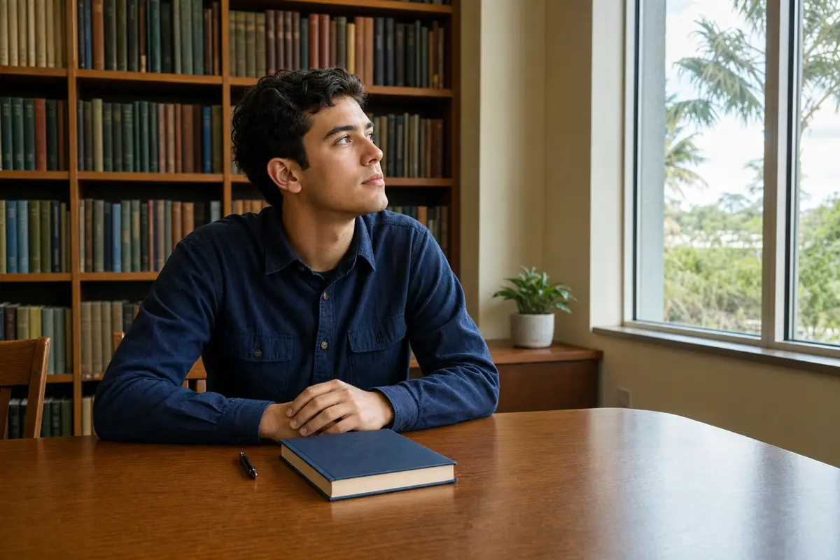 A young man in a navy shirt sits at a wooden library table with a closed hardcover book and a pen, looking toward a window.