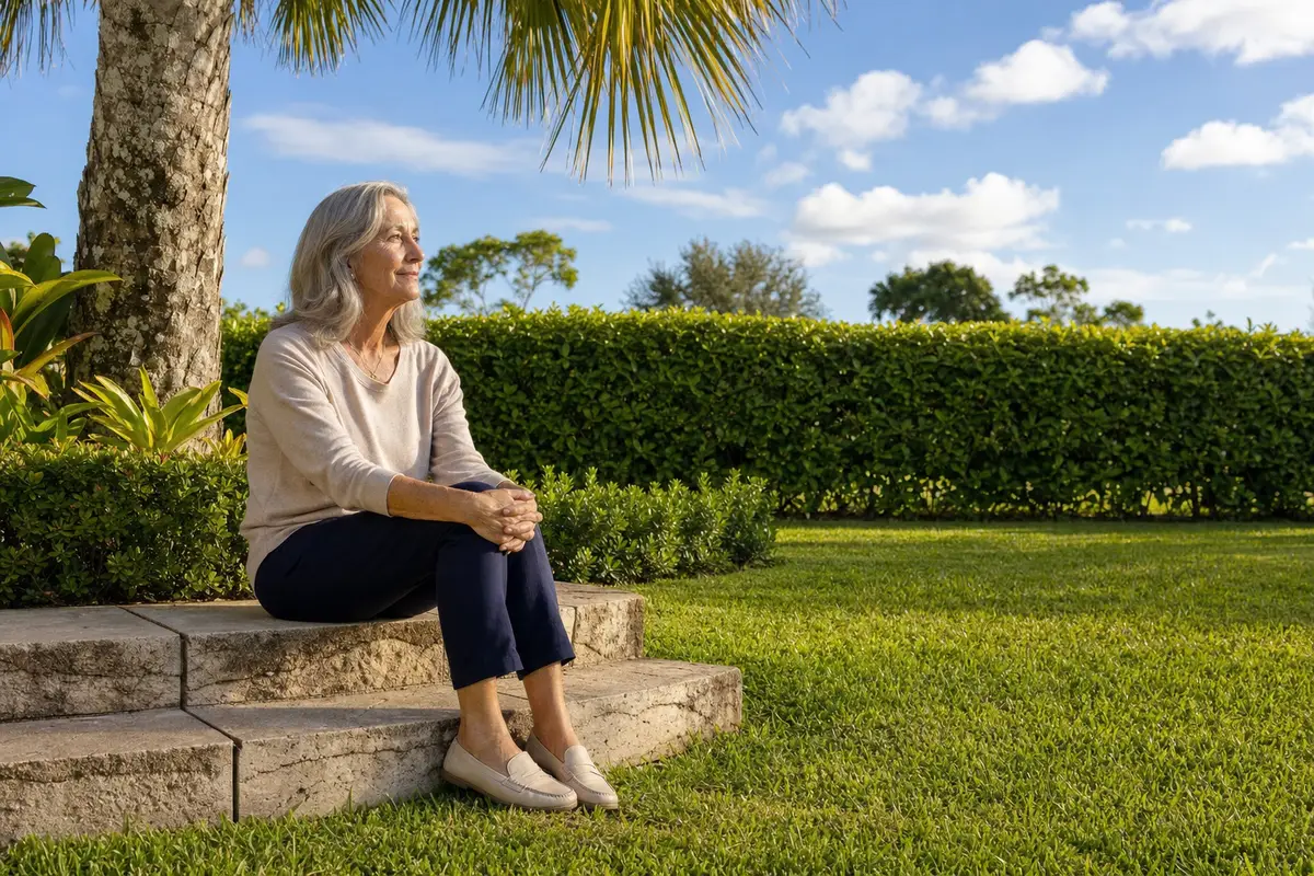 A woman in her sixties sitting on a stone garden step under a palm tree, gazing calmly across a green lawn.