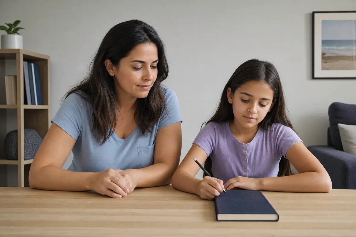 A girl about nine holds a pencil and looks down at a closed notebook on a wooden table while a parent sits beside her with a calm expression