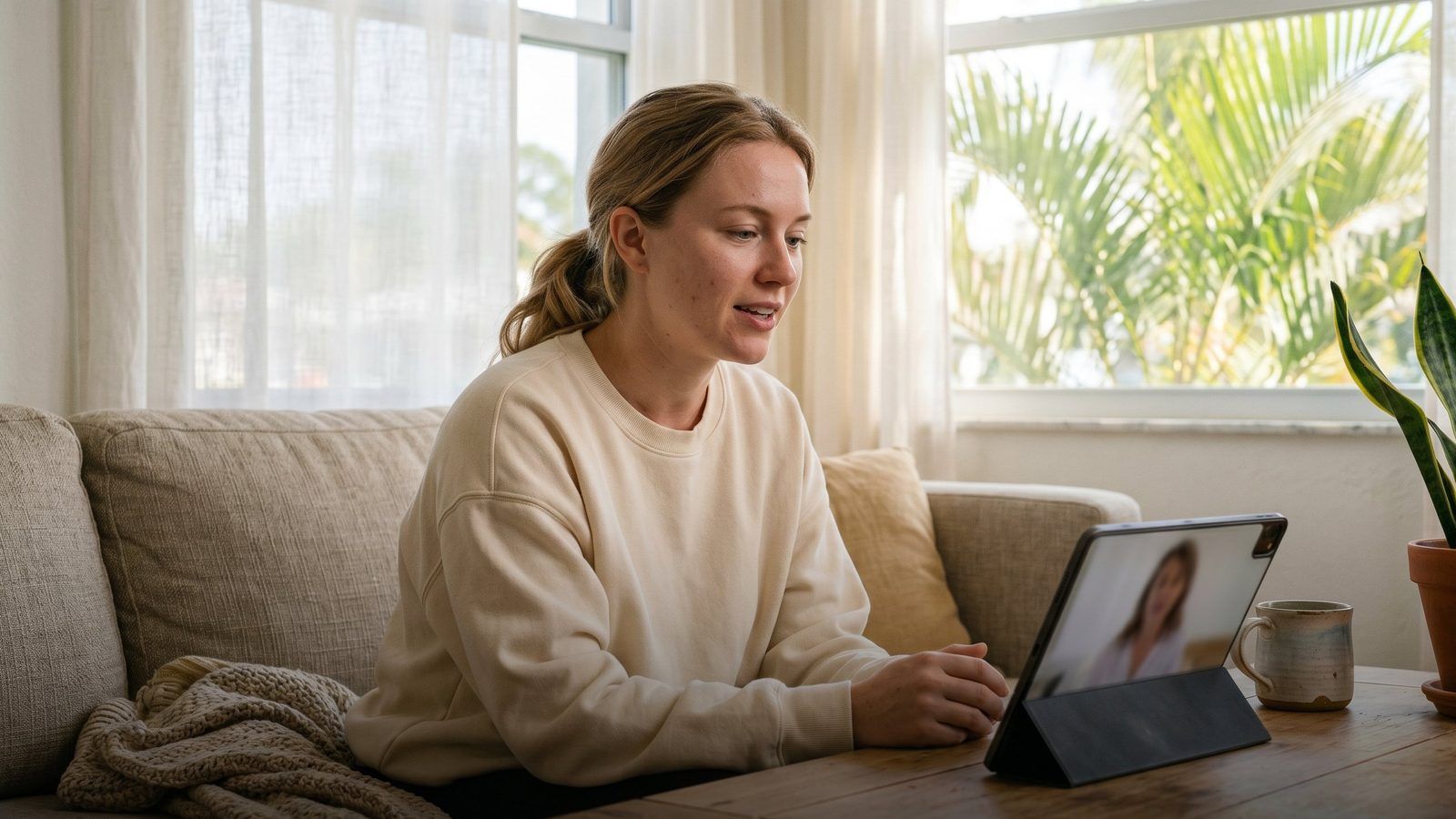 Teletherapy session on a laptop from home