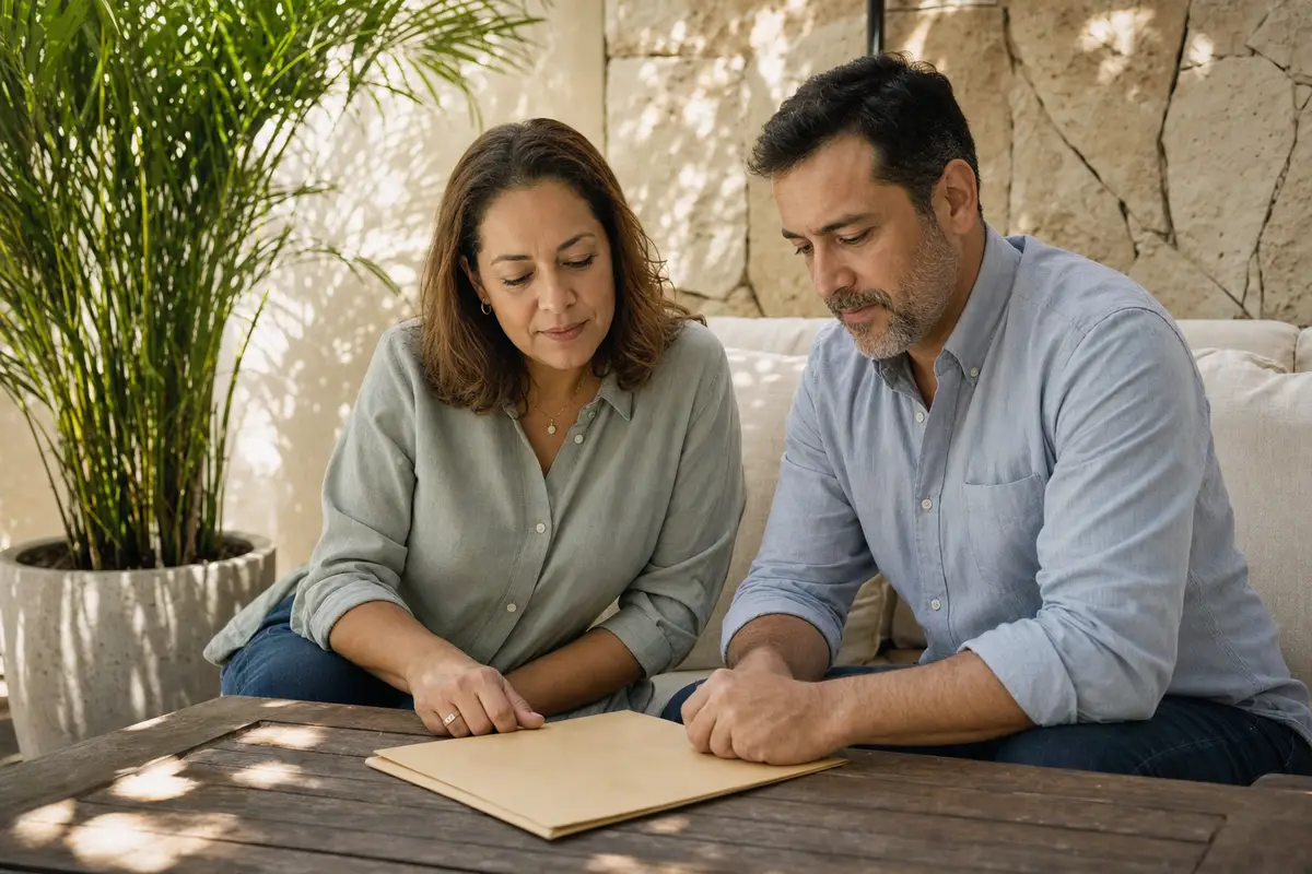 A couple seated at a wooden table outdoors in the shade, reviewing a manila folder together beside a stone wall.