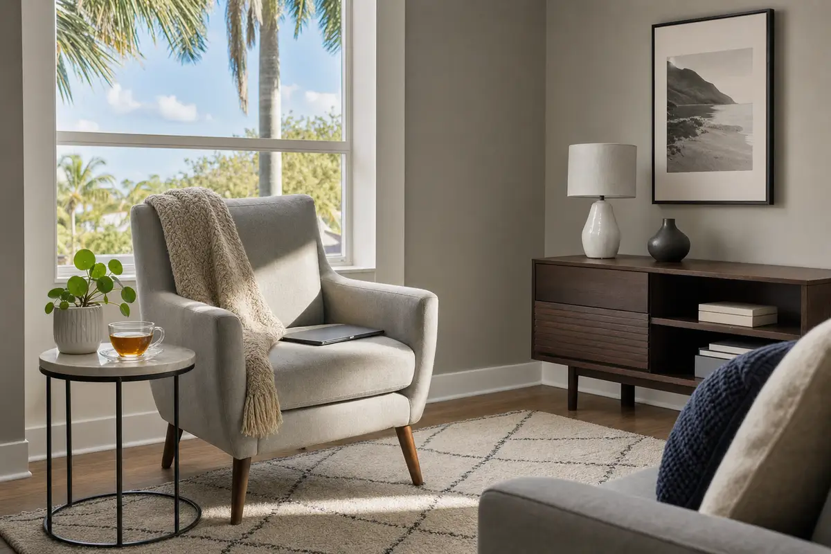 A light-grey armchair with a knit throw sits by a window beside a small side table with a plant and a cup of tea, in a calm room. No people are present.