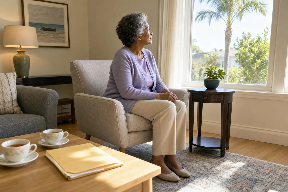 An older woman in a lavender cardigan seated in an armchair by a bright window, looking out; a closed folder and tea cups on a table in front of her