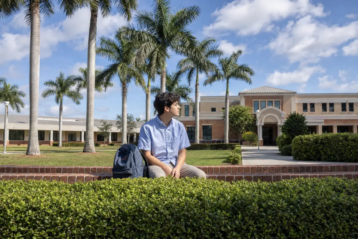 A teenage boy in a light-blue shirt sits on a low brick wall in a school courtyard, with palm trees and a backpack beside him.