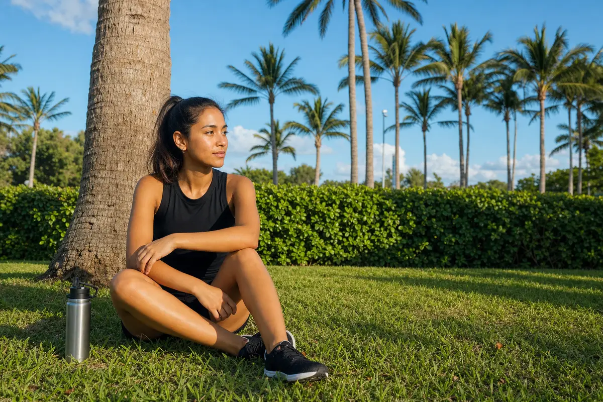 A young athlete sits on the grass under a palm tree with a water bottle beside her, looking into the distance.