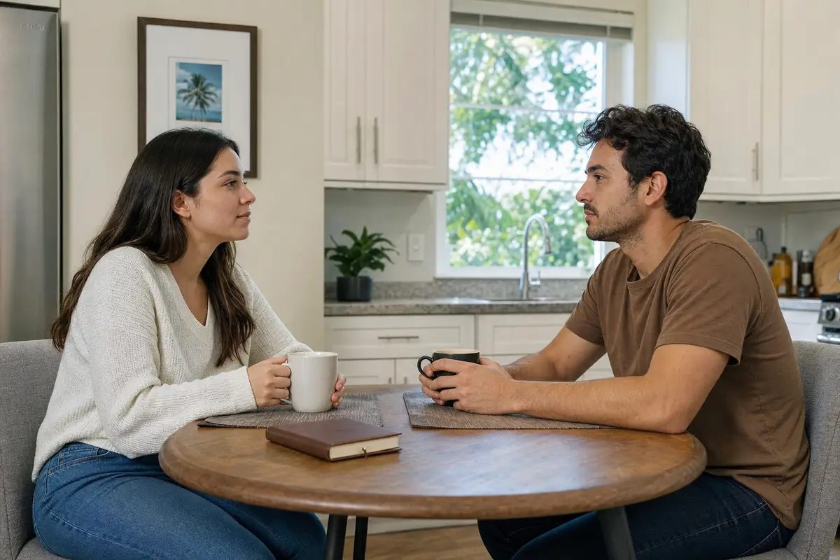 A couple talking at a round kitchen table, each holding a mug, with a journal on the table