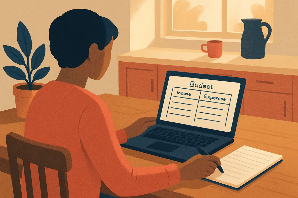 An adult sitting at a kitchen table with a laptop open, reviewing a simple budget worksheet alongside a notepad, in a calm and well-lit home setting, suggesting thoughtful financial planning for personal wellness. — how much is therapy without insurance