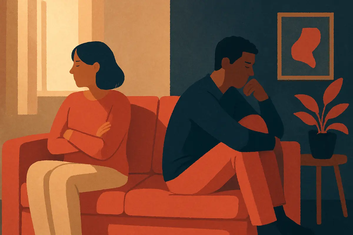 Two people sitting apart on a couch in a dimly lit room, facing away from each other, conveying emotional distance and relational tension without drama. — toxic relationship